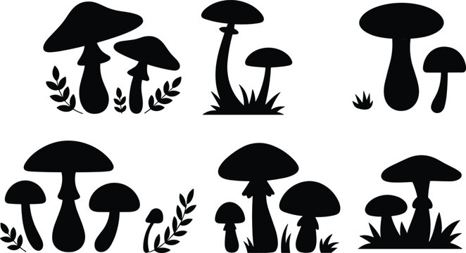Mushroom silhouette vector illustration set with various fungus tufts forest toadstools grass and botanical leaves for autumn nature landscape design.