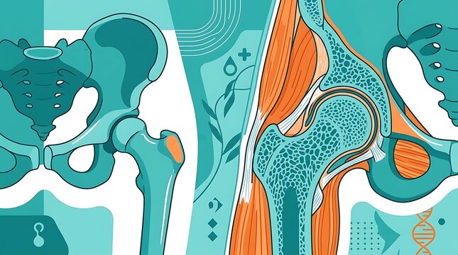 Stylized medical illustration of the human hip joint and pelvis
