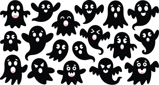 Ghost silhouette vector illustration set with various cute spooky faces floating spirits and cartoon phantom expressions for halloween graphic design.