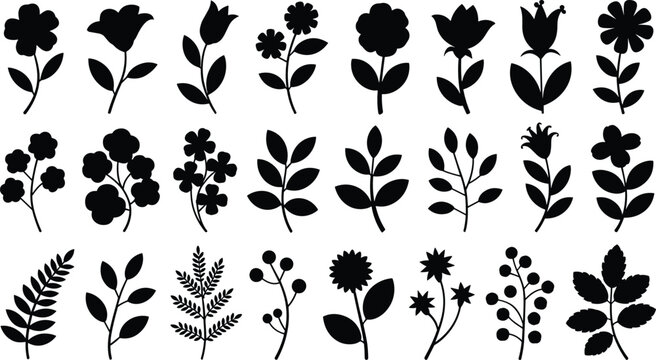 Flower silhouette vector illustration set with various botanical stems leaves garden blossoms and ferns for spring floral pattern design.