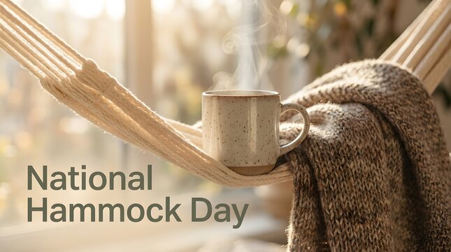 National hammock day concept with steaming hot mug and knitted blanket, peaceful