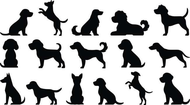 Dog silhouette vector illustration set with various puppy poses sitting standing jumping and different breeds for pet care graphic design.