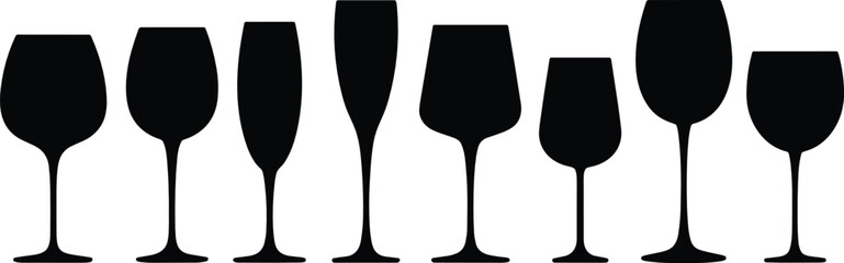 Wine glass silhouette vector illustration set with various crystal goblets champagne flutes and alcohol chalices for luxury bar party menu design. © Olivia