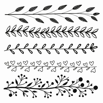 Hand drawn floral dividers and borders set, simple botanical elements and decorative lines for elegant design and unique artistic accents.