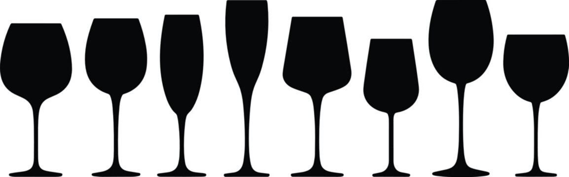 Wine glass silhouette vector illustration set with various crystal goblets champagne flutes and alcohol chalices for luxury bar party menu design.