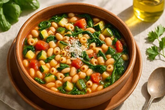 Healthy Italian Minestrone Vegetable Soup with Pasta Beans and Parmesan Cheese