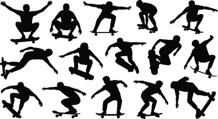 Skateboarder silhouette vector illustration set with various active male skater poses jumping tricks and riding for extreme sports design. © Olivia