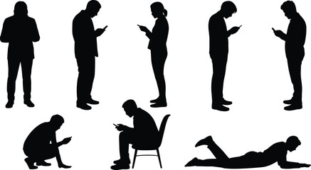 People with phone silhouette vector illustration set with various men and women texting standing sitting and lying down for digital lifestyle graphic design. © Olivia
