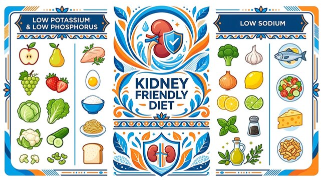 Kidney friendly diet food infographic with low potassium and sodium