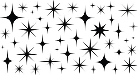 Star sparkle silhouette vector illustration set with various twinkling bursts glints and retro sparkles for magic holiday graphic design. © Olivia