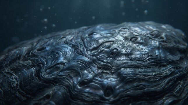 Dark textured shell under deep water background