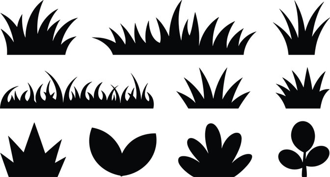 Grass silhouette vector illustration set with various plant tufts shrubs and lawn borders for nature landscape graphic design.