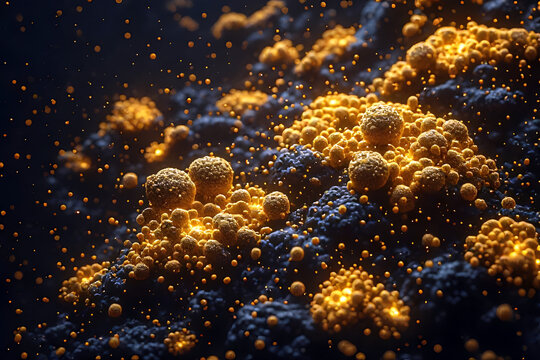 Abstract Extremophile Archaea Colony in Deep Ocean Hydrothermal Vent Fluid, Bioluminescent Amber Sulfur Life Micro Background