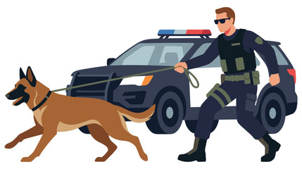 Police officer with trained dog near tactical squad car. © GW