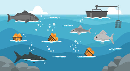 Fishing boat and fish swimming in the ocean, baskets of fish floating © sulton