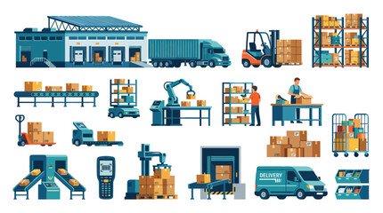 Fototapeta premium Flat Design Logistics and Warehouse Operations Vector Set. Shipping, Delivery, Inventory, Supply Chain Automation
