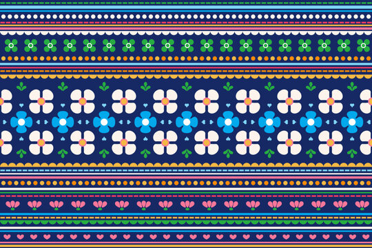 Ethnic geometric striped seamless pattern in blue color.
