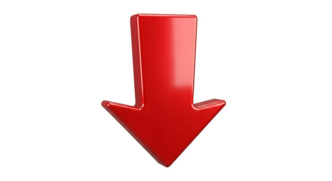 Shiny Red Arrow Pointing Downward Isolated on White Background 3D Render