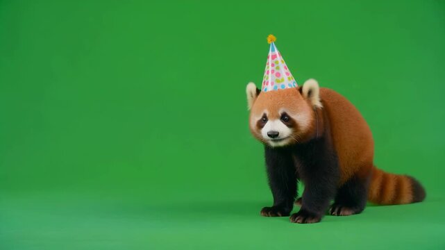 Cute red panda wearing a party hat sits on a green screen background with subtle motion