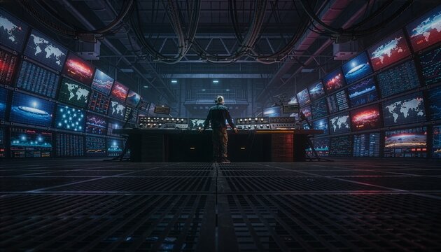 Futuristic global control room with a person monitoring world maps and data screens