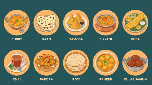 Delicious set of traditional indian cuisine icons featuring flavorful curry naan bread crispy samosa biryani dosa chai and tasty dessert
