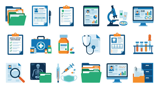 Medical and Healthcare Flat Vector Icons Set with Patient Records, Diagnostic Tools, and Hospital Equipment
