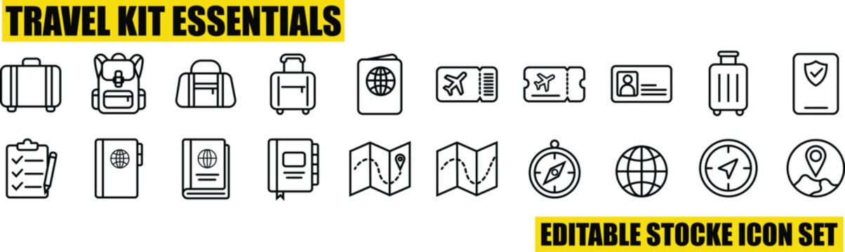 Comprehensive travel kit essentials set featuring luggage, passport, tickets, maps, and navigation tools in a clean linear style