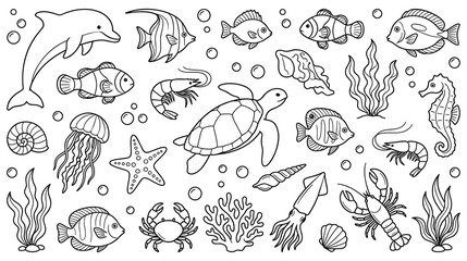 Ocean creatures and plants doodle set for design. © GW