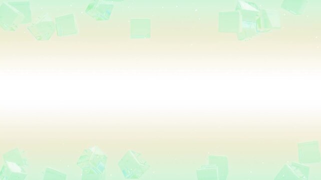 透明なガラスのキューブが上下をゆっくり流れるパステルグリーンのループ背景動画 / Looping background video of a transparent glass cube gently drifting up and down against a pastel green backdrop