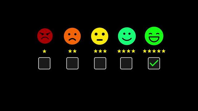 Customer satisfaction survey rating concept on black background with colorful emoticons from angry to happy face and green checkmark on five stars box