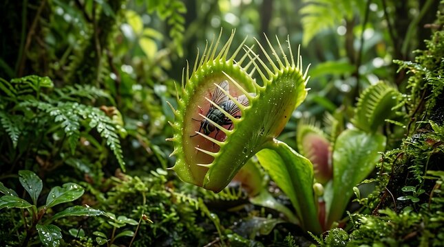 Venus flytrap plant capturing a fly in a lush green jungle forest