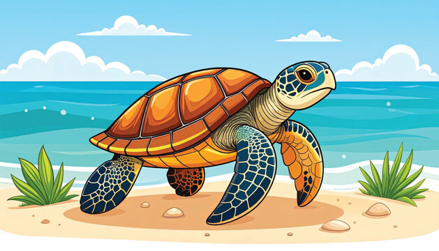 Sea Turtle on Sandy Beach Shore.