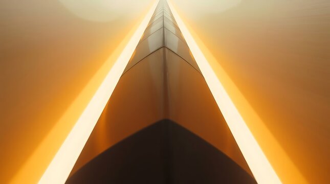 Abstract upward perspective of a modern skyscraper facade with golden light reflections.