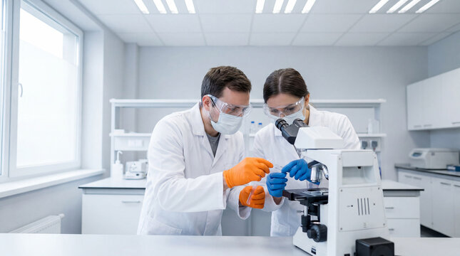 Two laboratory scientists examining a specimen under a research microscope