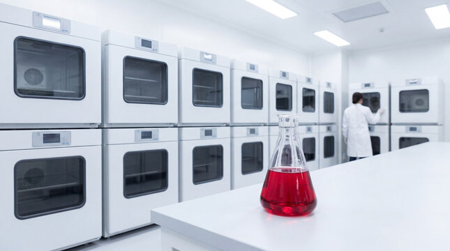 Red chemical solution in Erlenmeyer flask inside pharmaceutical laboratory