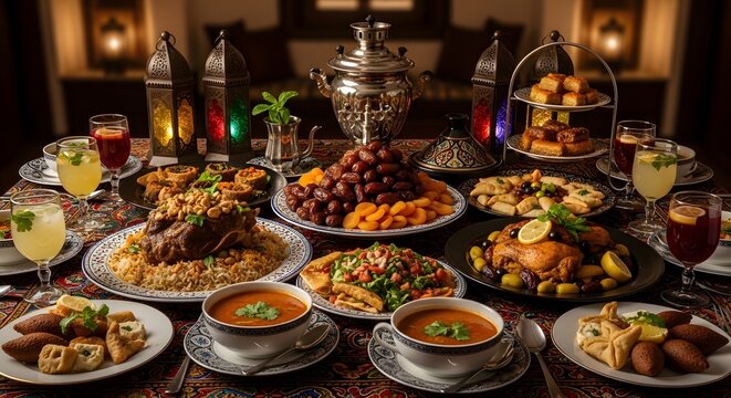 An elaborate iftar table setting with traditional middle eastern dishes, dates, sweets, and beverages.