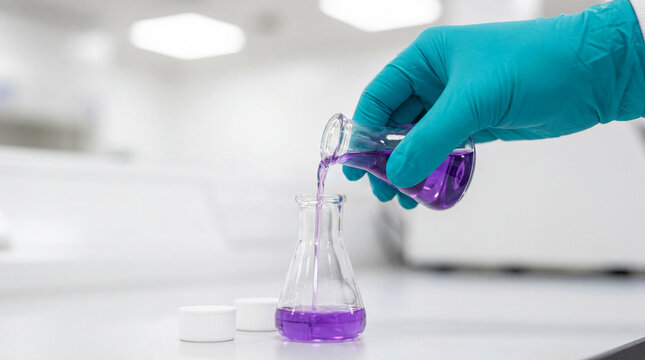 Pouring purple laboratory solution into Erlenmeyer flask for chemical analysis