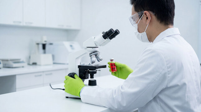 Research scientist evaluating a biological sample beside a laboratory microscope