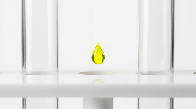 Yellow laboratory reagent droplet suspended between empty test tubes