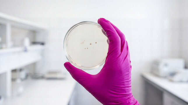 Laboratory technician inspecting bacterial colonies in a petri dish