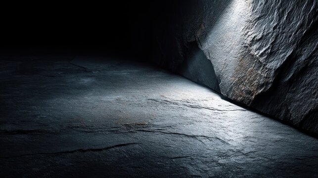 A darkened, abstract, stone wall and ground, highlighted by a single overhead light source
