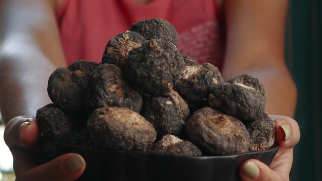 Unrecognizable person shows a bowl with Peruvian black maca.