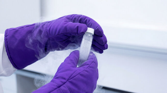 Cryogenic sample vial handled with insulated gloves during cold storage procedure