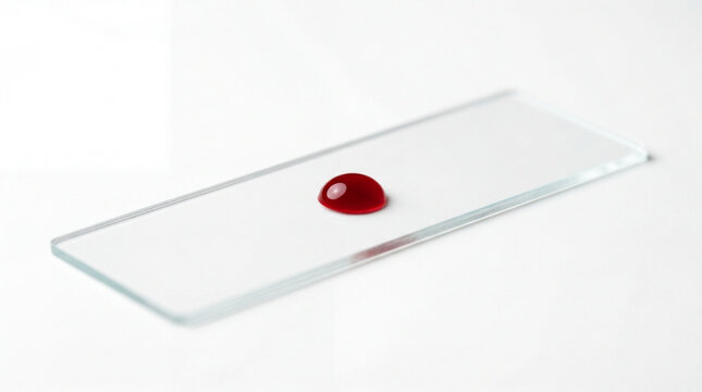 Blood sample droplet prepared on microscope slide for laboratory examination