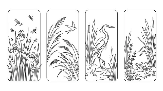 Set of four outline nature panels with wildlife drawings.
