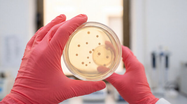 Bacterial colony inspection using petri dish in microbiology laboratory