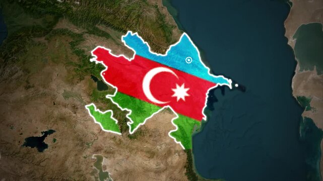 Azerbaijan Country Map with National Flag Overlay on Satellite Earth Background Animation.