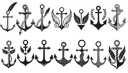 Fototapeta premium Vintage nautical anchor and emblem illustrations in black and white.