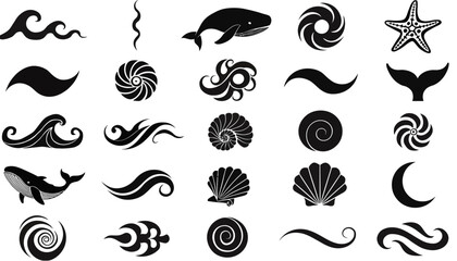 Naklejka premium Black and white sea life and wave icons collection.