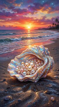Beautiful sunrise beach with large seashell and pearls on sand